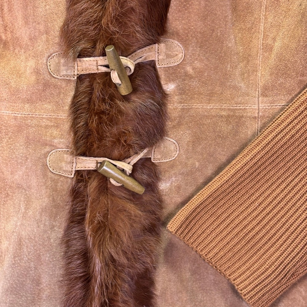 Nygard Women Jacket L Brown Suede Rabbit Fur Trim Ribbed Knit Toggle Closure - Picture 7 of 7